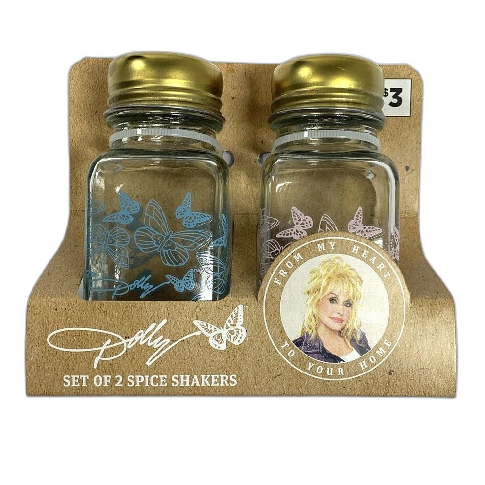 Dolly Parton Salt Pepper Spice Shakers Butterfly Blue Pink Discontinued DG New